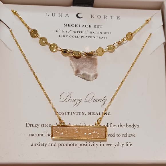 POWER OF TWO 2 Luna Norte Gold plated double Layer Necklaces DRUSY QUARTZ - Picture 2 of 4